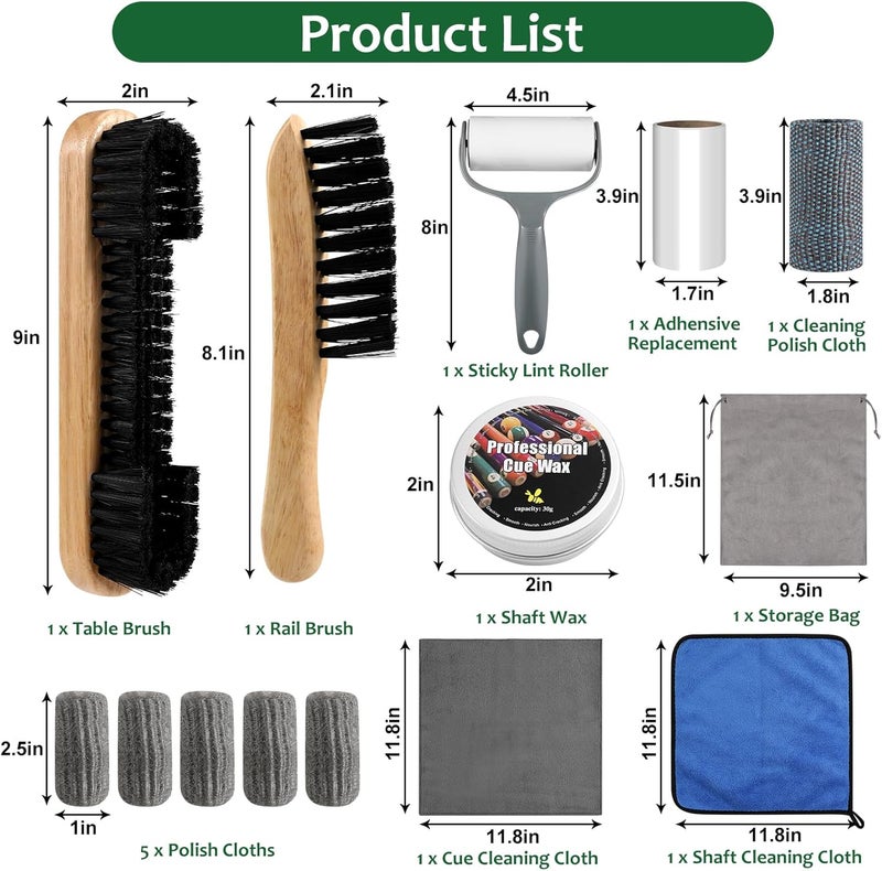 Winucue Pool Table Brush Set, 14pcs Billiard Table Felt and Cue Cleaning Accessories with 2 Wooden Brushes, Cue Cleaning Cloth, Ferrule Polish Cloth, Shaft Wax, Towel Burnisher and Sticky Lint Roller - Image 2